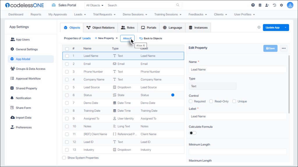 Invoke Alice AI for adding properties