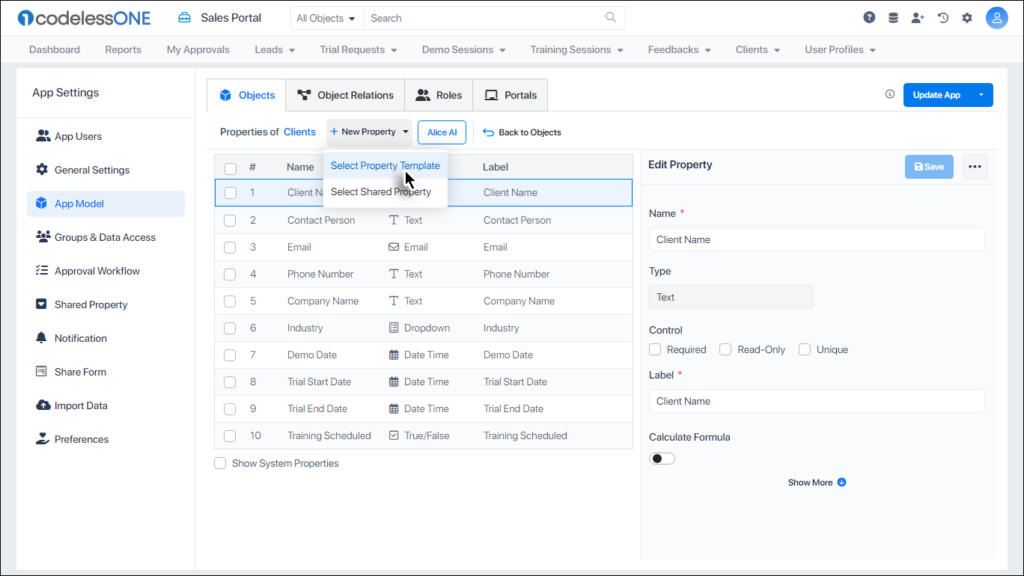 Select property template option