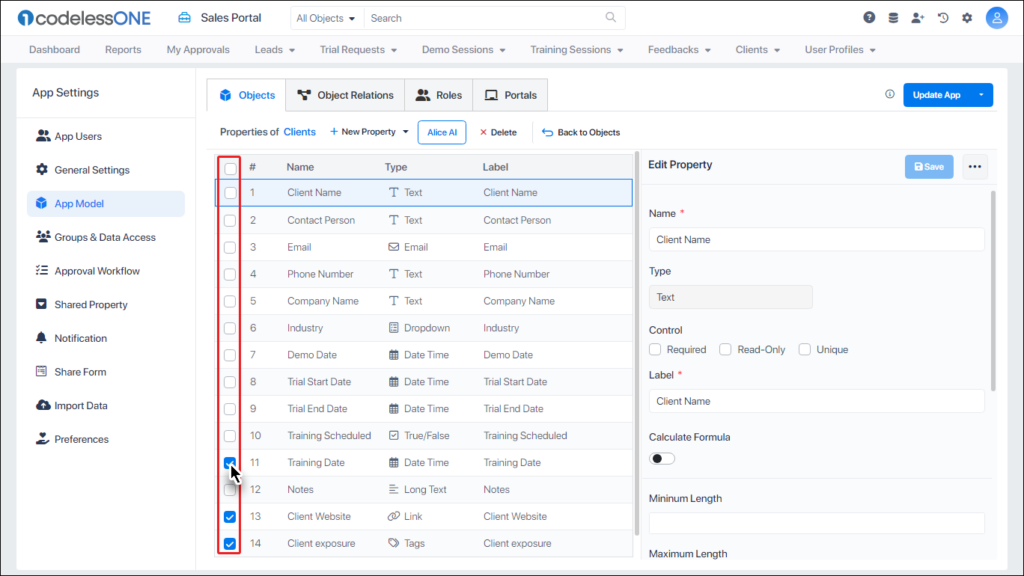 Selecting multiple properties for deletion