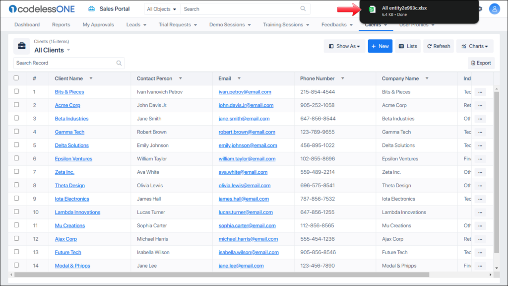 Excel file exported