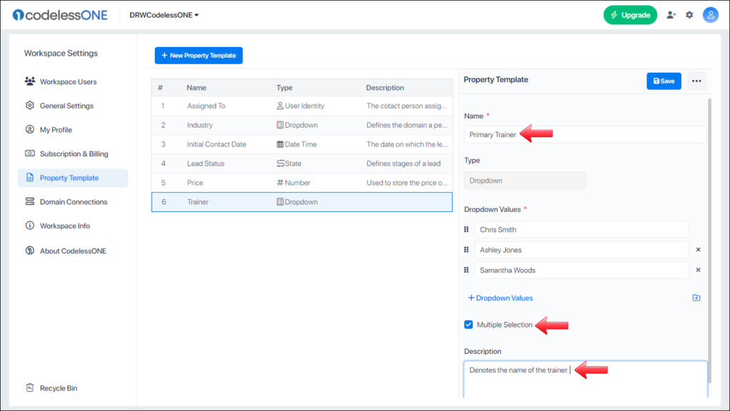 Edited properties of the template