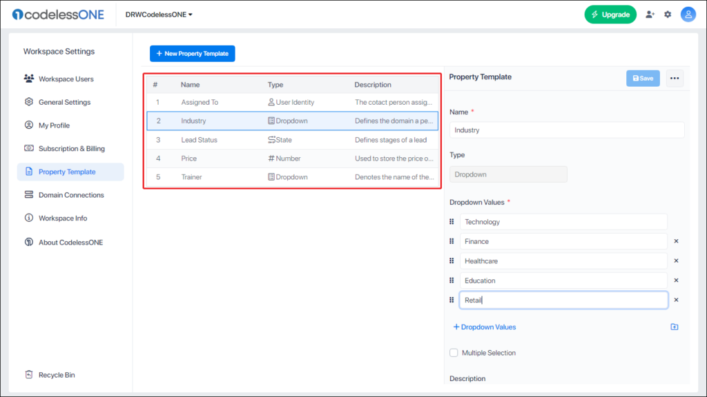 Updated list of Properties Template after deletion