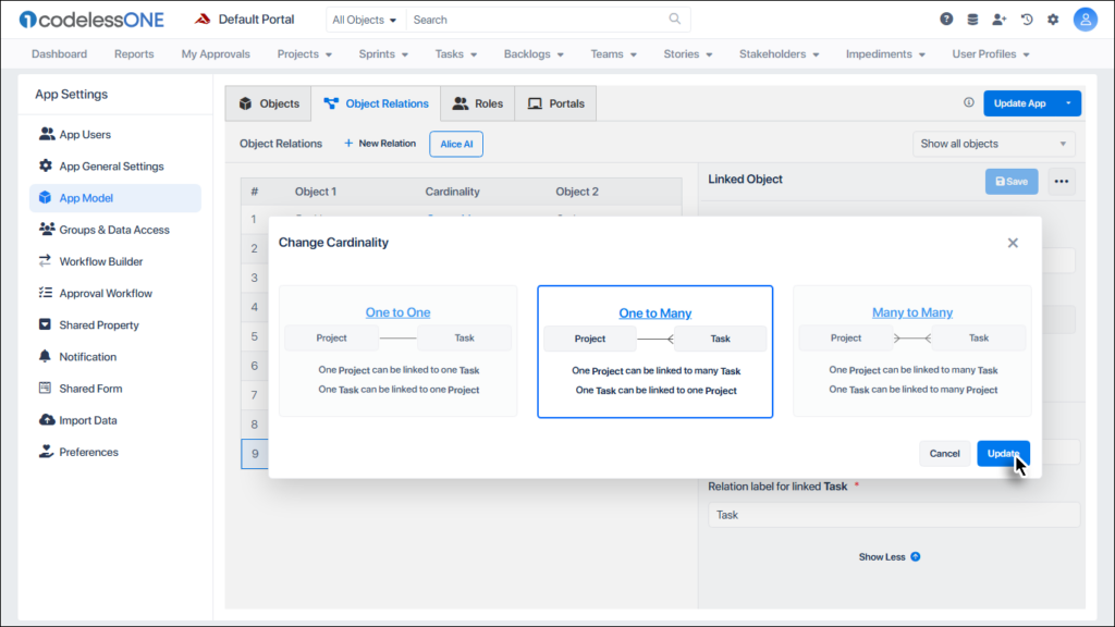 Click Update after selecting desired cardinality