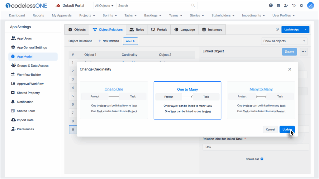 Click Update after selecting desired cardinality