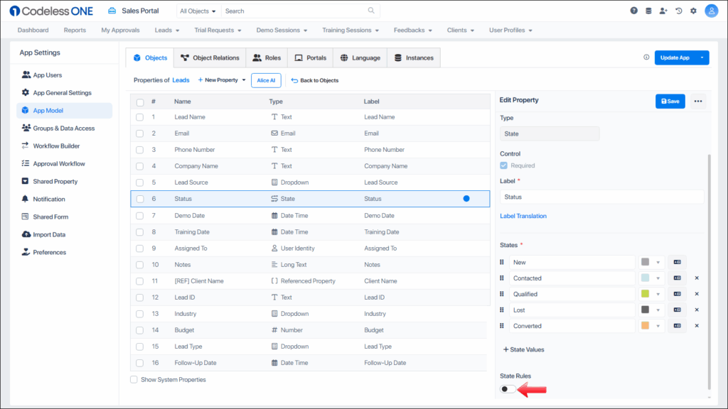 Look for State Rules Toggle Button