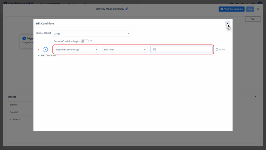 Condition saved. Close dialogue box