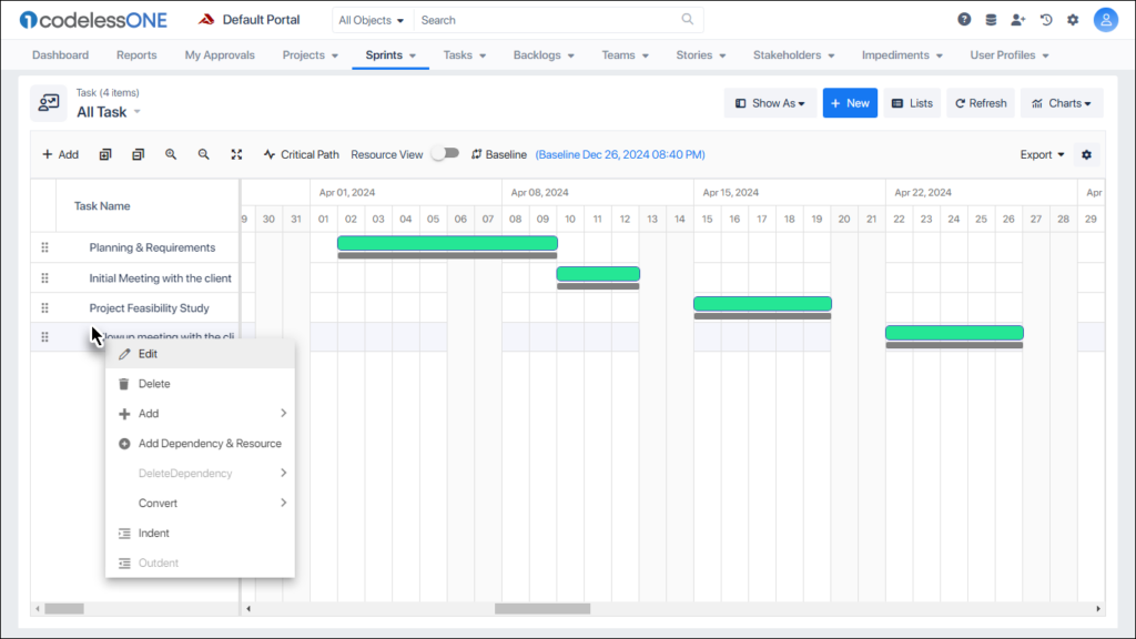 Context Menu (Gantt Chart)