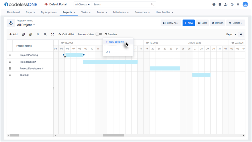 Selects the New Baseline option