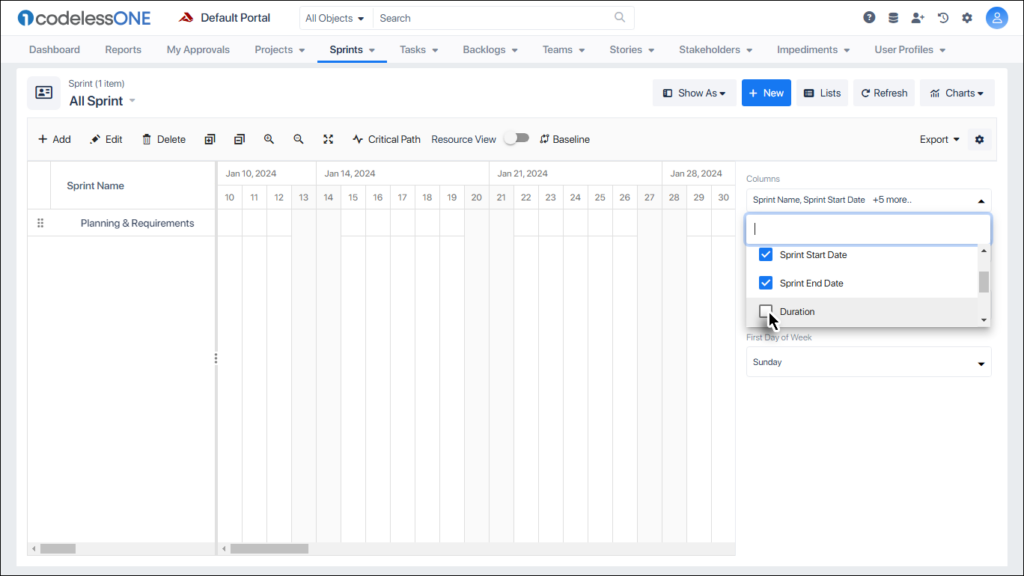 Columns in Settings (Cantt Chart)