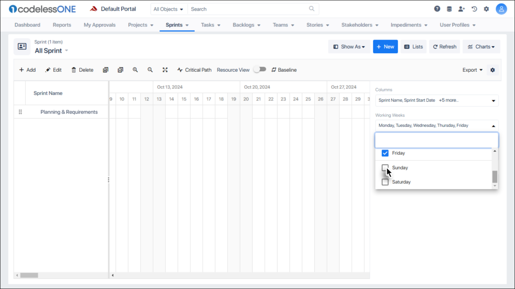 Working Week in settings (Gantt Chart)