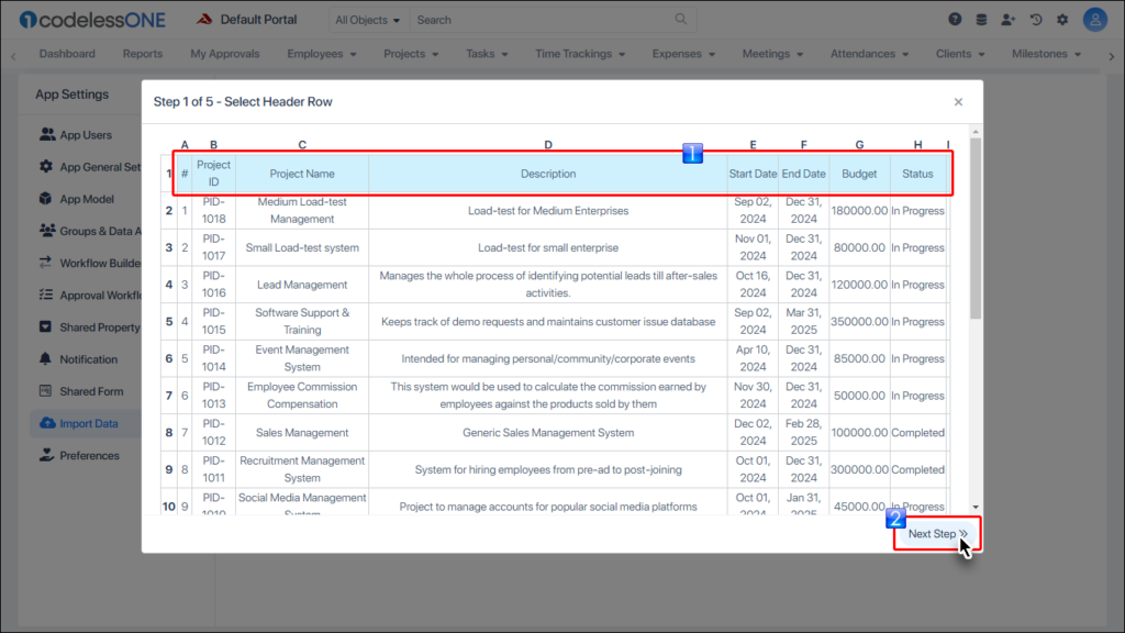 Select Header and click Next Step