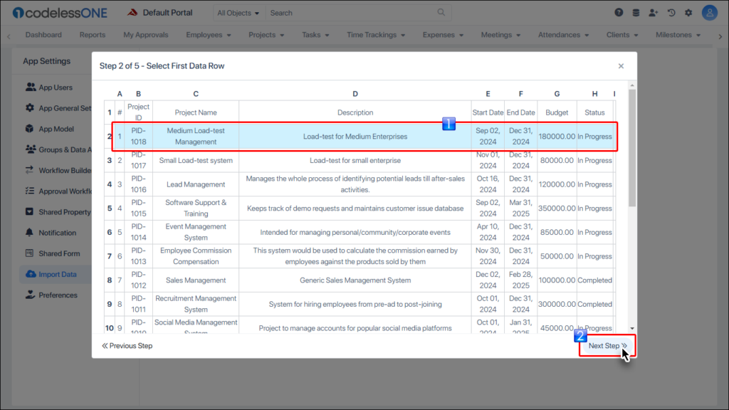 Select First Data Row and click Next Step