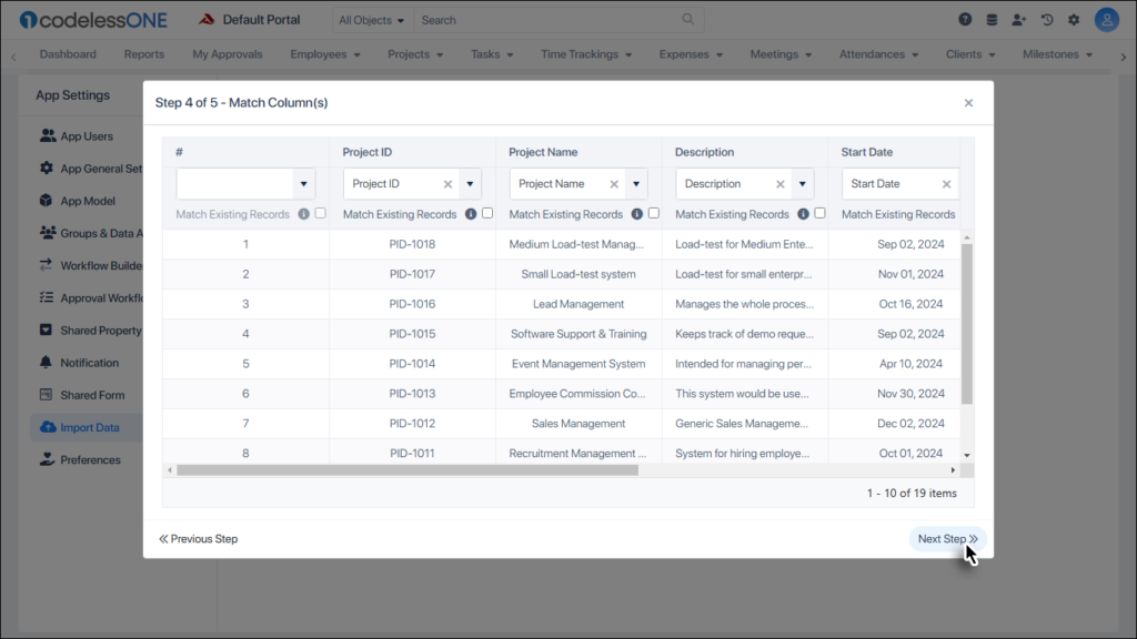 Enable relevant Match Existing Records checkboxes (if required), and click the Next Step