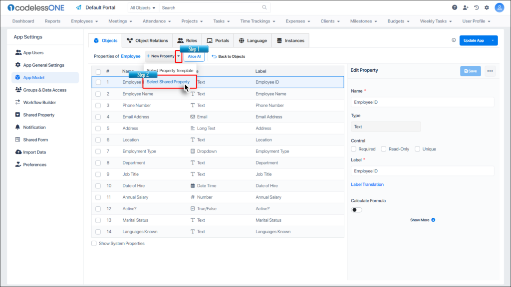 Select Shared Property Option