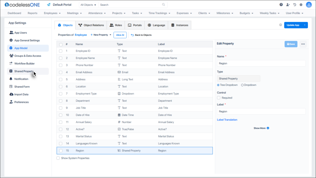 Click Shared Property option in App Settings panel