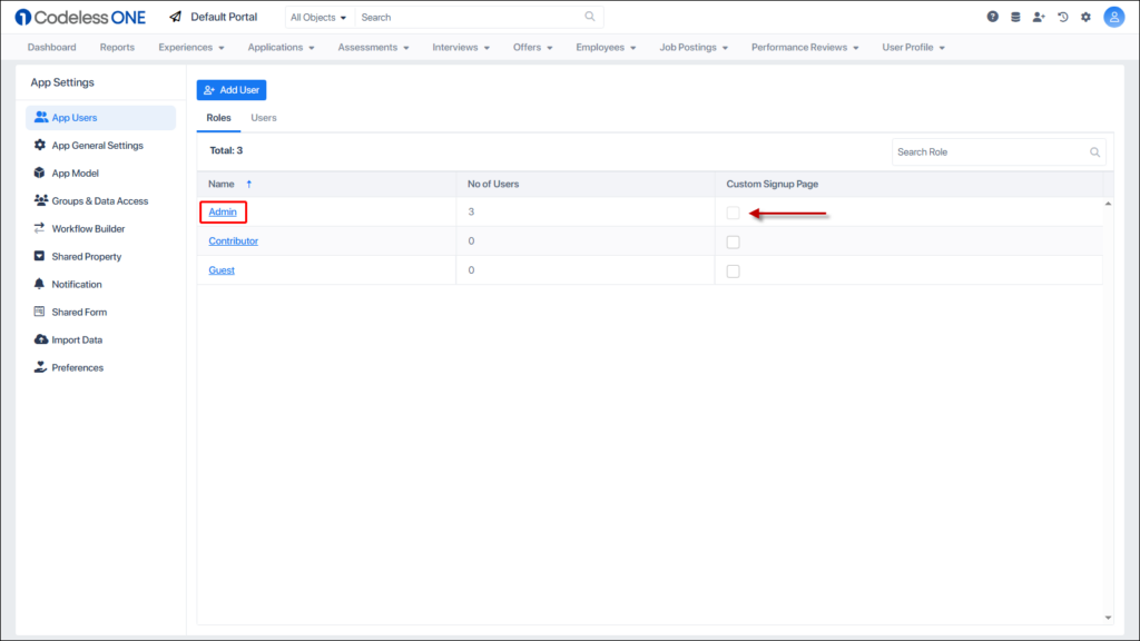 For Admins, the custom signup option is disabled