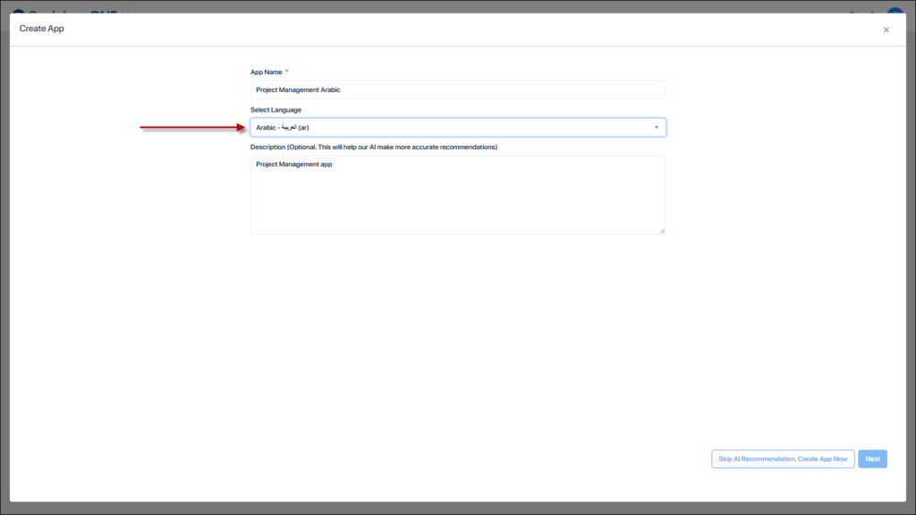 Language option added in the app creation step