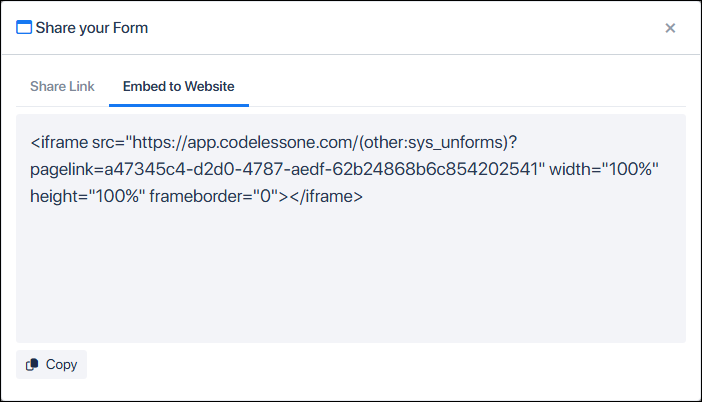 Embed to Website tab