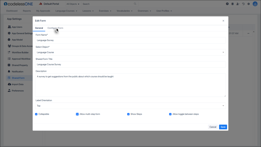 Click the Configure Form Tab