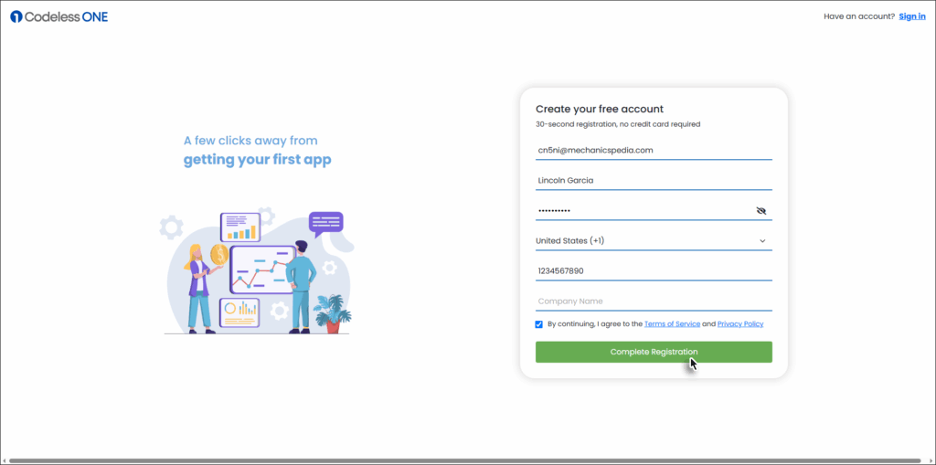 Provide info and click Complete Registration button